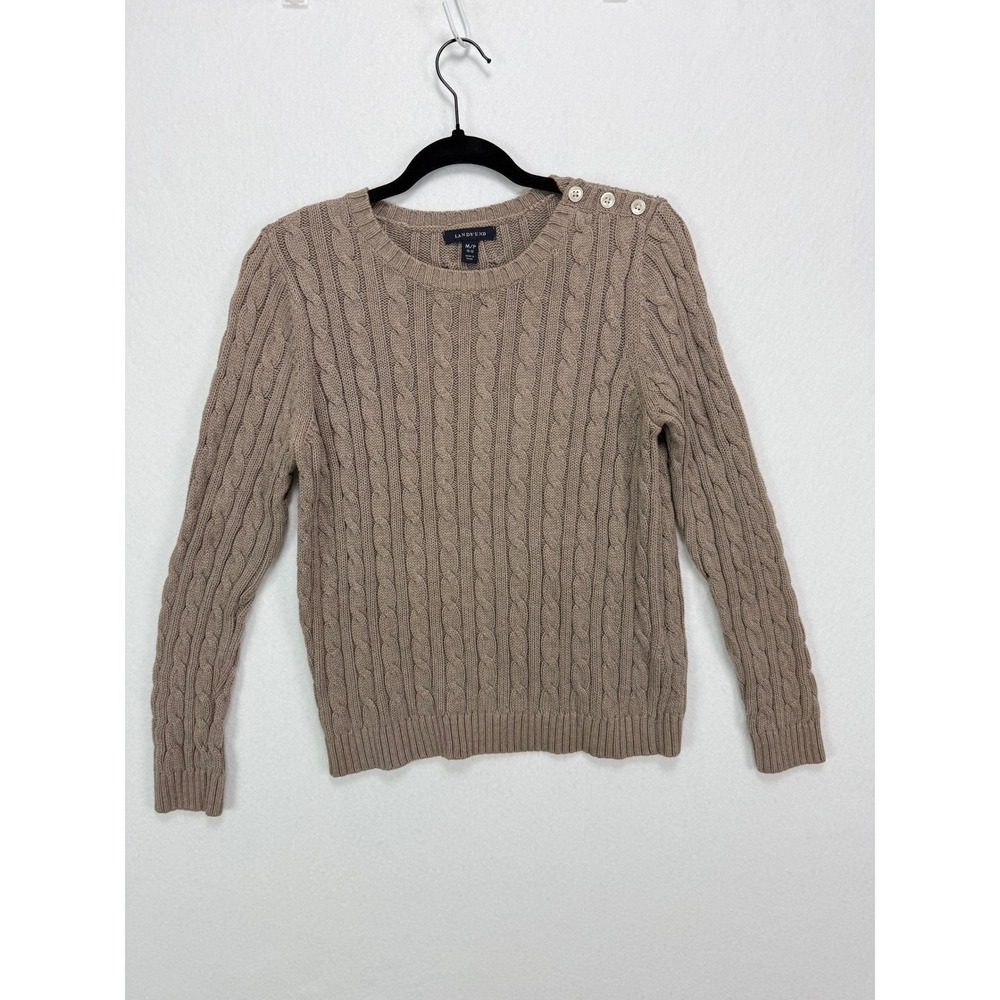 Lands End Preppy Sweater Cable Knit Button Shoulder Taupe MP Minimalist